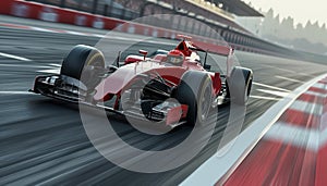 Formula 1 racing car rushes along the race track at high speed against the background of the stands