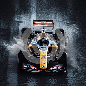 Formula 1 racing car in splashes of water on a track flooded with water. View from above