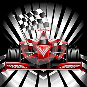 Formula 1 Red Race Car with Checkered Flag on Black Background Vector Illustration