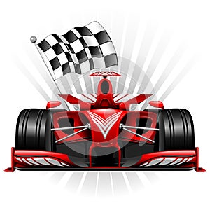 Formula 1 Red Race Car with Checkered Flag Vector Illustration