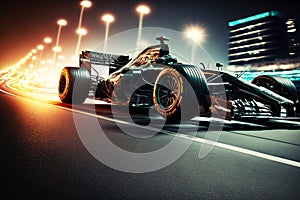 Formula 1 sports car racing car on race track in light of spotlights motorsport, generative ai