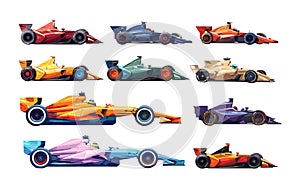 Formula 1 bolid cartoon vector set. Royal racing four wheeled vehicle hyperfast road competitions championship supercar photo