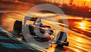 Formula one car go fast at the raceway during sunset
