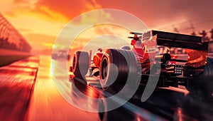 Formula one car go fast at the raceway during sunset