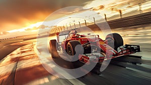 Formula one car go fast at the raceway during sunset