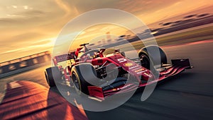 Formula one car go fast at the raceway during sunset