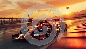 Formula one car go fast at the raceway during sunset