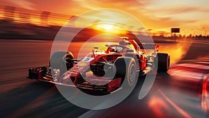 Formula one car go fast at the raceway during sunset