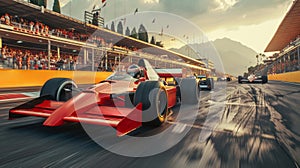 Formula One car speeding down section of the race track with blurred competing cars on background and sport fans on