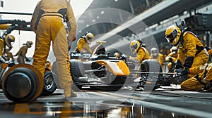 Formula One Pit Crews in Action Men Working in Yellow Gear at the Racetrack