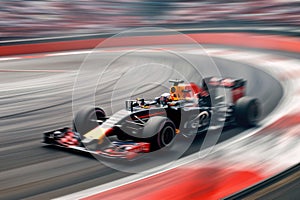 Formula One race. Black fast racing car speed driving on track. Motion blurred