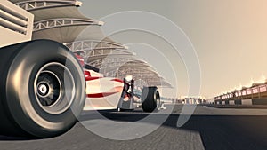 Formula one race car speeding along the racetrack - frontal view - high quality animation - my own car design