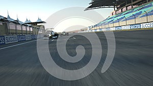 Formula one race cars crossing finishing line