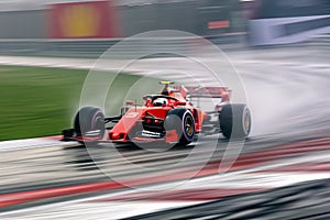 Formula One race. Red fast racing car speed driving on track. Motion blur from long exposure