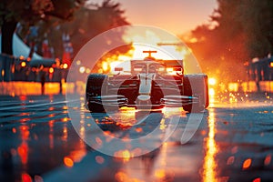 formula one racing car driving fast on race track at sunset