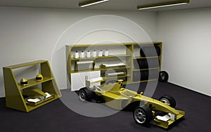 Formula one, racing car in garage.