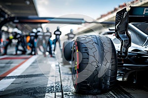 Formula One Racing Car Pit Stop for Quick Tire Change with Team and Blurred Racetrack in Background