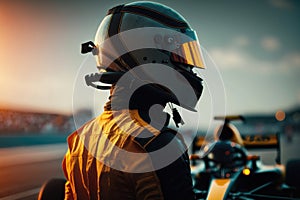 Formula one racing. Driver in helmet before start of competition. AI generated