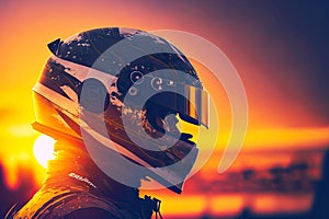 formula one racing driver wearing sturdy protective helmet against sunset, generative ai