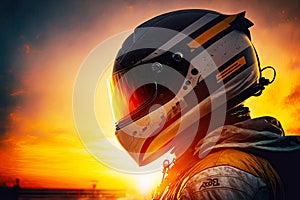 Formula One Racing driver wearing sturdy protective helmet against sunset, generative ai