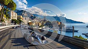 Formula One Racing Event Poster. Essence of Formula One race with a high-speed car on track with bustling city on