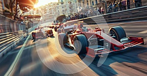 Formula One racing event. Racing car in motion with high speed riding along the street road with blurred competing cars