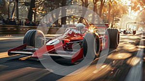 Formula One racing event. Red racing car in motion with high speed riding along the street road with blurred competing