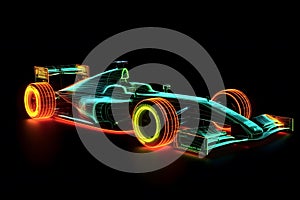 Formula one sport racing car in neon light on dark background. Generative AI