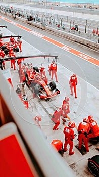 Formula 1 pit stop with red racing team working on car during race
