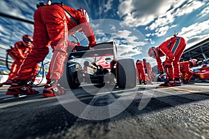 Formula race car crew in red uniforms working together in pit stop area preparing car for the race.