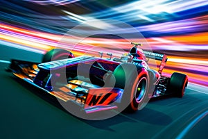a formula race car on track with motion blur background