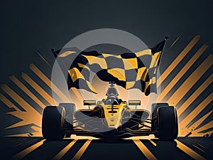 Formula Race Winner car and flag on blure background. ai generative