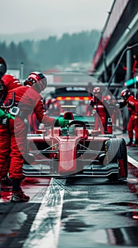 A formula racecar receiving maintenance during a pitstop in wet conditions, highlighting the challenge of racing.