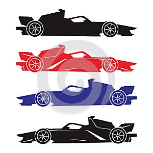 Formula racing car set, abstract vector silhouette side view. White background