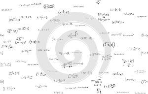 Formulas of astrophysics, quantum mechanics, radio circuits. Scientific, educational background on white. Hand drawn.