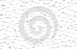 Formulas of astrophysics, quantum mechanics, radio circuits. Scientific, educational background on white. Hand drawn.