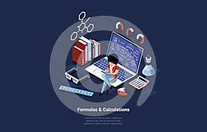 Formulas And Calculations Concept Vector Illustration In Cartoon 3D Style. Dark Background And Writing. Woman Sitting On