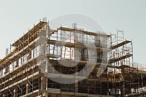 Formwork, concrete and steel reinforcements of a building in a construction site