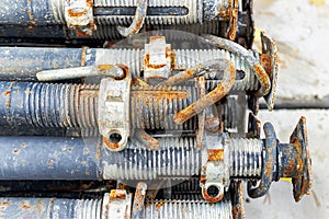 Formwork supports the second floor of a monolithic building. Reinforcement of walls and ceiling. Monolithic work during the