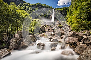 Foroglio waterfall with Swiss Alps in canton Ticino, Bavona valley, Switzerland, Europe photo