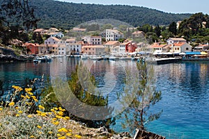 Forrest mountains and viilage in the sea harbor on island in croatia