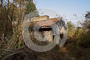 Forsaken tile-roofed brick building in weeds,in former 630 factory