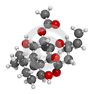 Forskolin coleonol molecule. Activates the enzyme adenylyl cyclase, resulting in increased levels of cAMP. 3D rendering. Atoms.