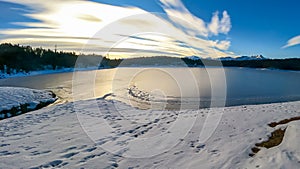 Forstsee - Scenic view of frozen alpine lake Forstsee, Techelsberg, Carinthia (Kaernten), Austria, Europe