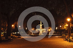 Forsyth Park Fountain at night in the city of Savannah, GA
