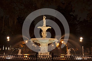 Forsyth Park Fountain of Savannah, GA at night