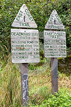 Fort Amherst Newfoundland Canada, September 19 2022: East Coast Trail hiking markers at a trailhead near St. John\'s.