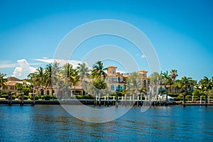 FORT LAUDERDALE, USA - JULY 11, 2017: Beautiful view of new river with riverwalk promenade highrise condominium