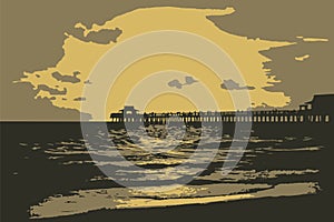 Fort Myers Beach Fishing Pier sunset vector, royalty free stock vector.