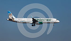 FORT MYERS, FLORIDA, USA - 27 FEB 2024. Frontier N704FR Airbus A321-211 landing at Southwest Florida